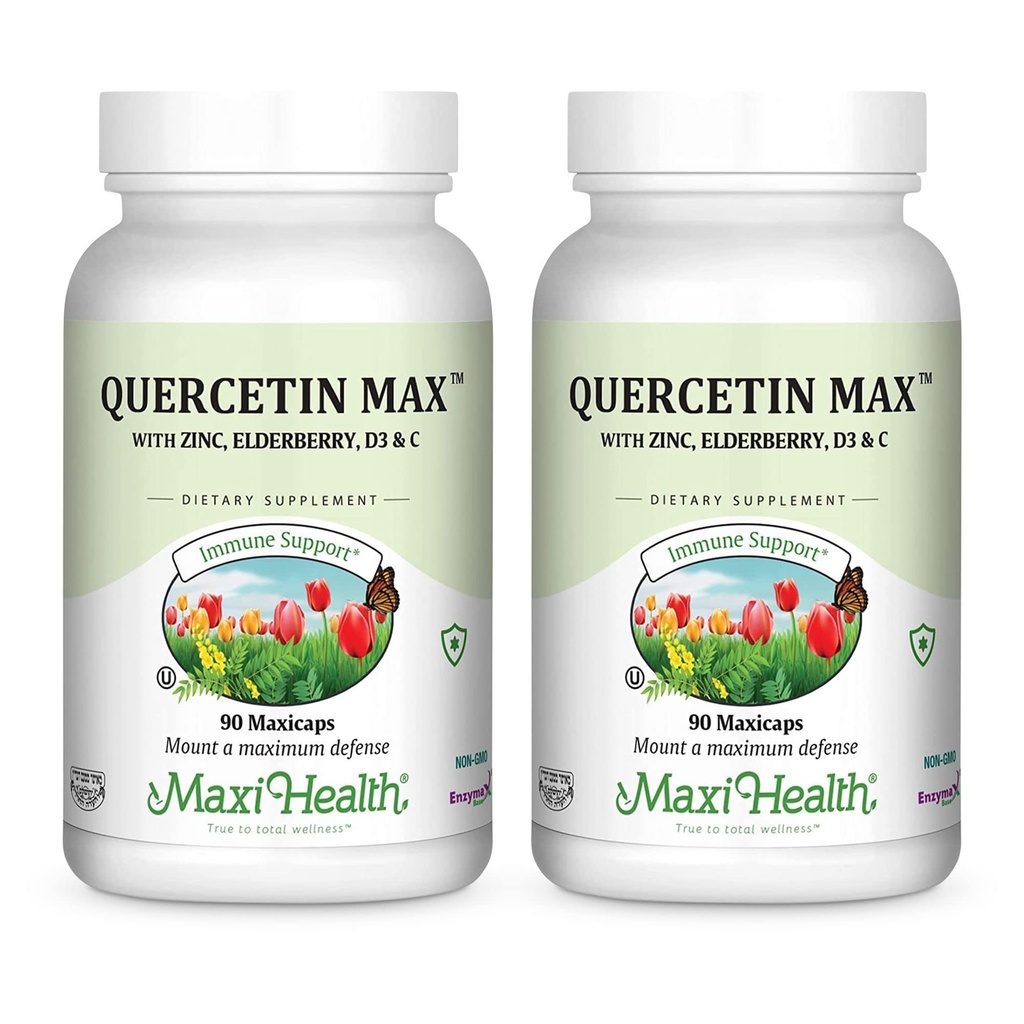 Maxi Health Quercetin 500mg Kapseln – Zink Ergänzungen für Frauen und Männer – Non-GMO, Kosher und Glutenfreie Quercetin Ergänzungen mit Elderberry Vitamin C und Zink (90 Veg Kapseln, Packung von 2)