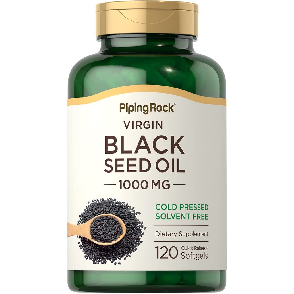 Pipeping Rock Black Seed Oil Softgel Capsules de 1000mg de 120 Pills de Nigella Sativa, sans solvant, sans OGM, sans gluten