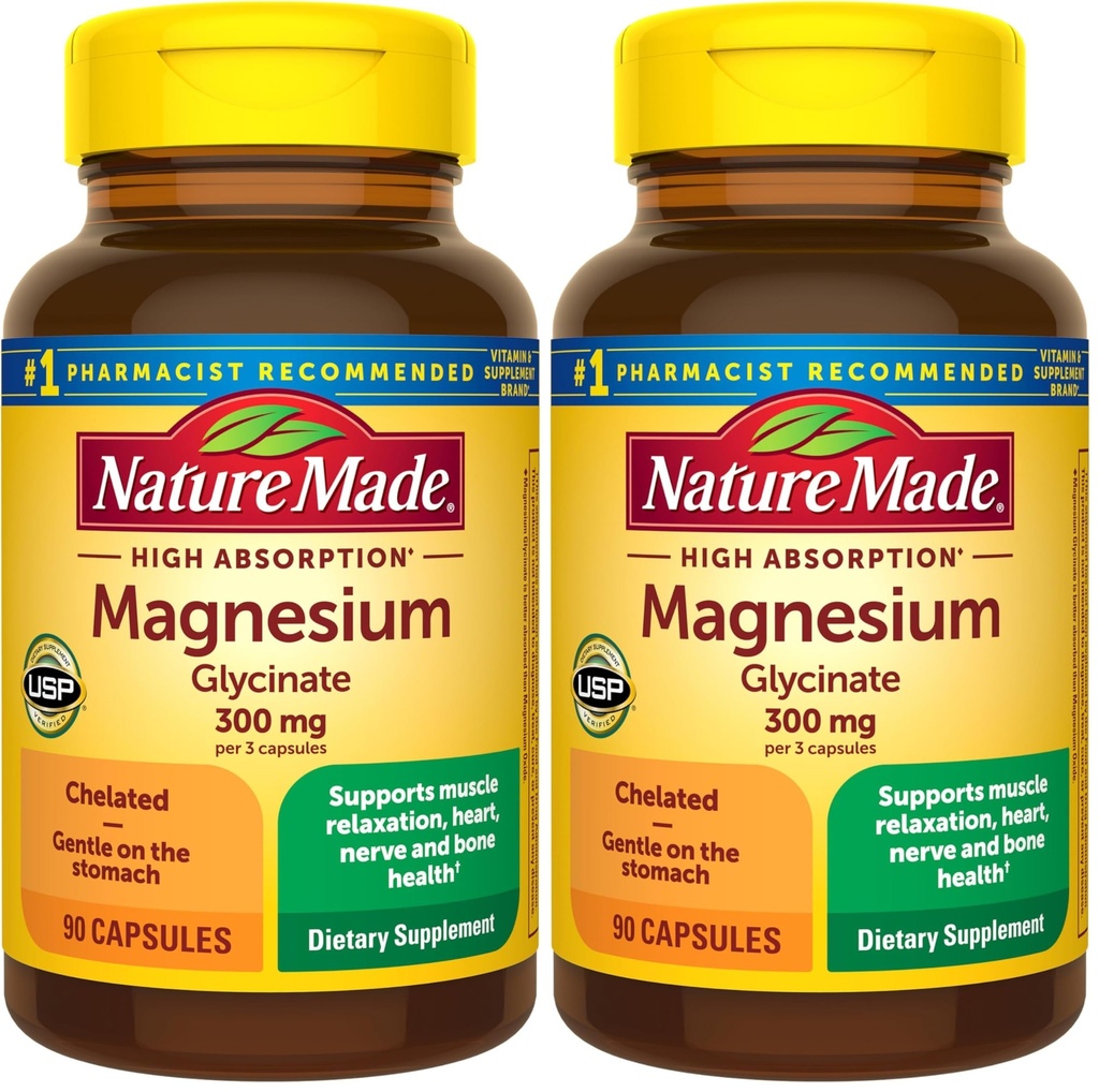 Nature Made High Absorption Magnesium Glycinate 300mg per 3 Capsules, Mg-Supplement for Muscle, Heart, Nerve and Bone Support, 90 Mg Bisglycinate Capsules, 30 Day Supply,(Pack of 2)