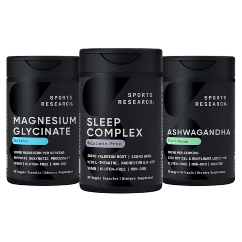 Sports Research® De-Stress & Sleep Bundle - 160 mg Chelated Magnesium Glycinate, Melatonin-Free Sleep Complex & Ashwagandha Softgels with Coconut MCT Oil for Relaxation, Calm & Sleep Support