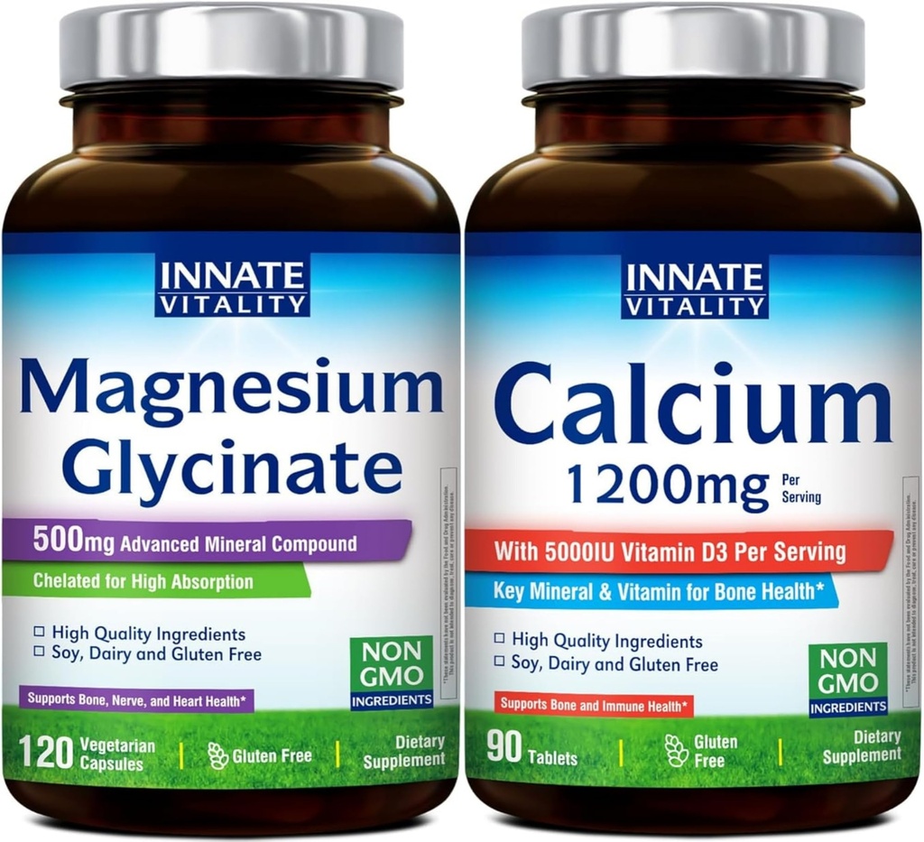 Innate Vitality Magnesium Glycinate 500mg & Calcium 1200mg with D3 5000IU Bundle | High Absorption Supplements for Nerve Health, Bone Strength & Immune Support | Non-GMO, Gluten-Free | 120 Capsules +