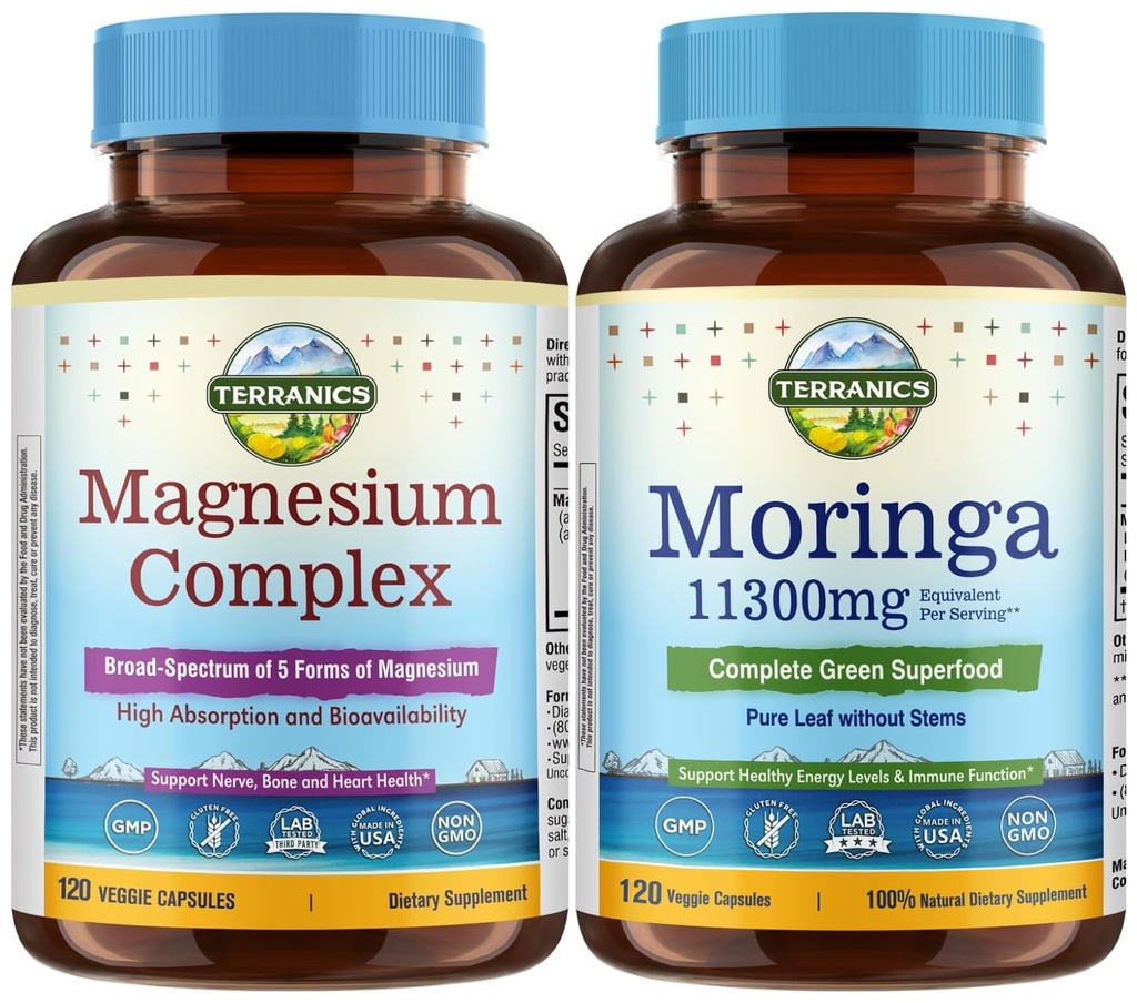 Terranics Magnesium Complex & Moringa Capsules Bundle - 500mg 5 Forms Magnesium Glycinate Citrate Malate Aspartate Gluconate + 11300mg Pure Moringa Leaf Powder, 120 Capsules Each