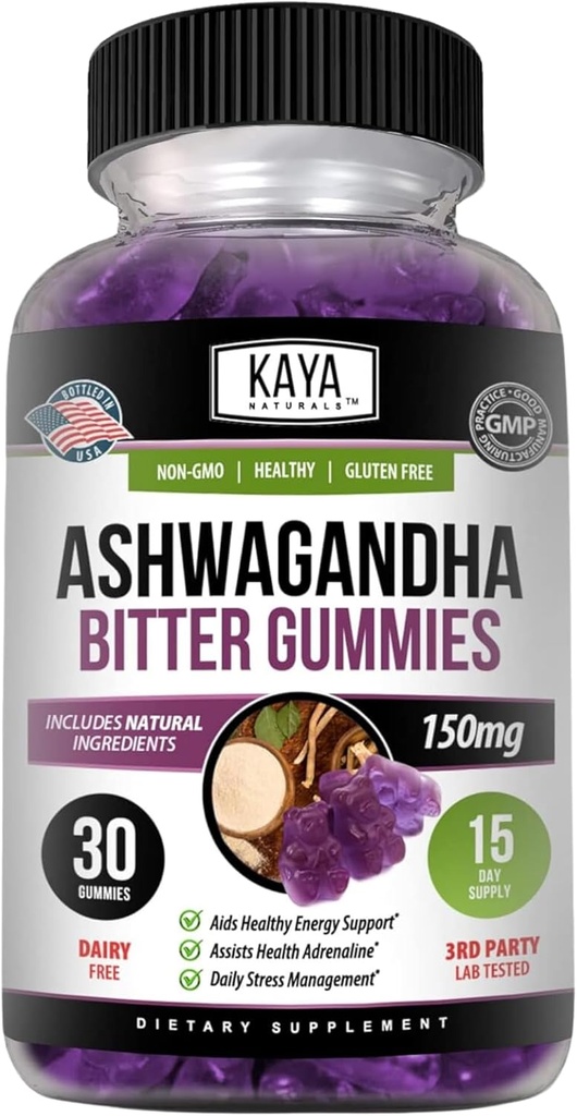 Kaya Naturals Ashwagandha Bitter Gummies - Soulagement du stress naturel, stimuler l'énergie et la clarté mentale, non-OGM, sans gluten, Gummies à croquer - 30 Comte