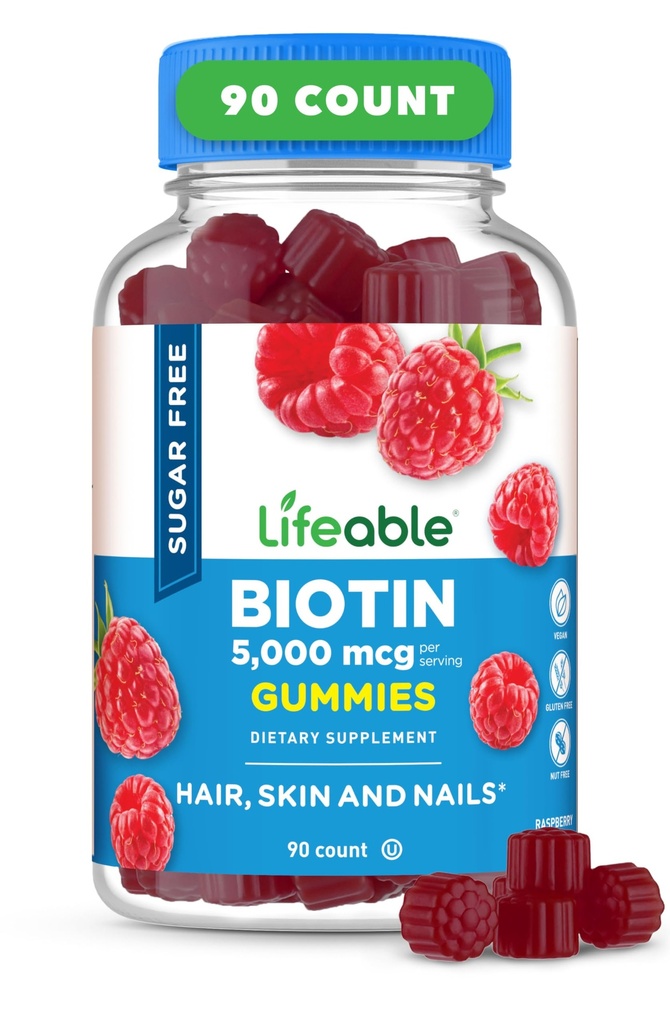 Lifeable Sugar Free Biotin Gummies | 5000mcg Vitamin B7 | Great Tasting Biotin Supplement | for Hair Growth, Skin and Nail Health | Hair Supplement for Women, Men, Adults | 90 Gummies