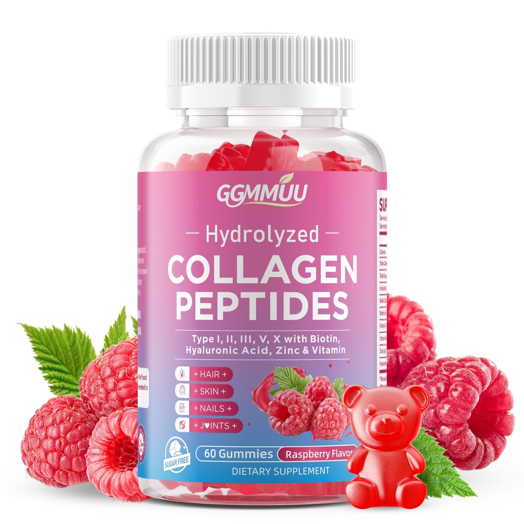 Collagen Peptide Gummies for Women & Men, Collagen Protein Type I,II,III,V,X with Biotin Vitamin C, D, Hydrolyzed Collagen Supplement for Skin, Hair, Nails, Raspberry Flavor, 60 Count