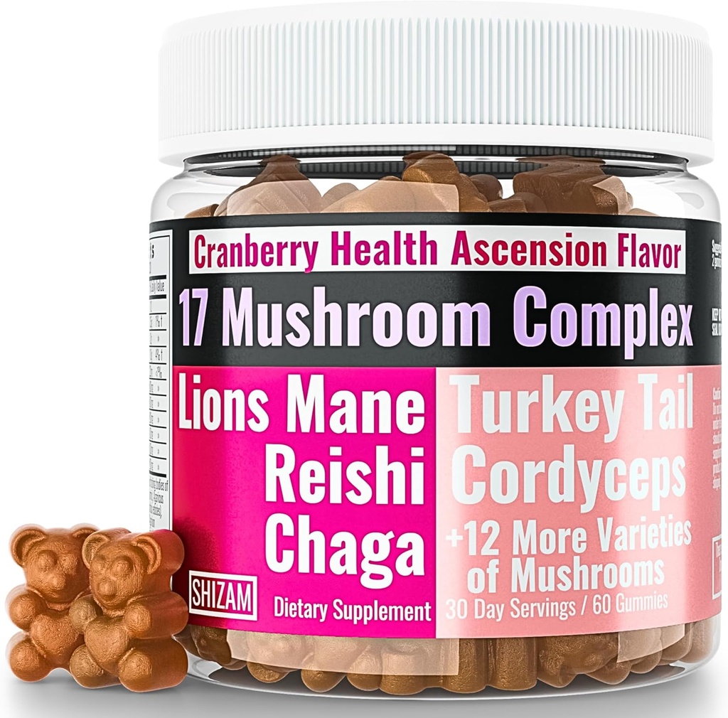 SHIZAM 17 Mushroom Complex Gummies per adulti Chaga Lions Mane Cordyceps Reishi Lion's Mane Turchiatail Tail, Migliore supplemento giornaliero per capsule & Powder Vitamins Super-Food Blend 10