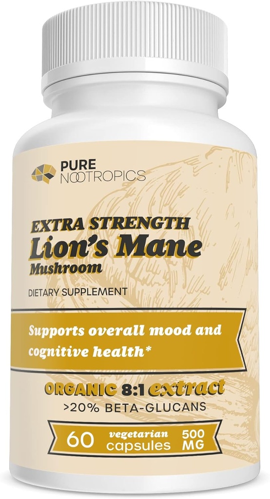 Pure Nootropics - Bio Lion's Mane 8:1 Pilz 500 mg | Dual Extract | 60 Vegetarische Caps | >20% Beta-Glucans | Hericium erinaceus | Gehirngesundheit