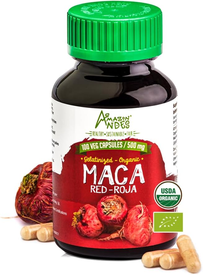 Andes Red maca Root Capsule - Supplemento di salute femminile - Natural Energizer - Certificato USDA NOP - Genitalizzato, Non OGM & Gluten Free - 100 Vegan Pills (1500mg per Serving) - Made in Peru