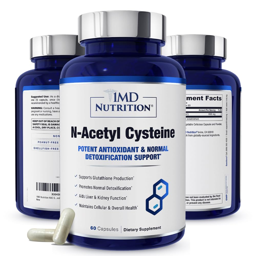 1MD Nutrizione NAC Supplemento N-Acetyl Cysteine - NAC 600 mg - Antiossidante Supporti Detox e Glutathione Produzione - N Acetylcysteine Supplemento respiratorio per la salute polmonare - 60 capsule