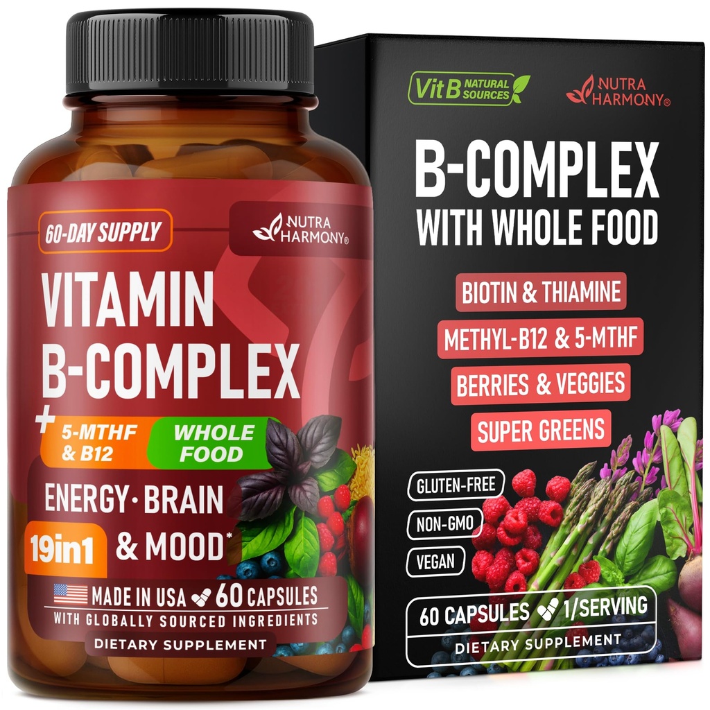 Complexe Vitamine B - B1= B2= B3= B5= B6= Biotin= B12= 5-MTHF - Astragalus & Whole Food Blend - Énergie, métabolisme et cerveau - Vitamines B pour les femmes et les hommes - Fabriqué aux États-Unis - 60 capsules, 60 jours