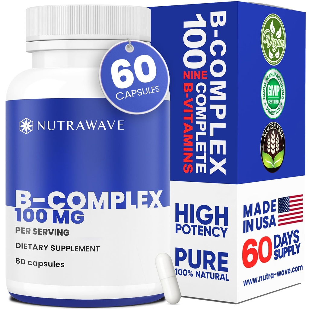 Nutrawave Vitamina B Complex – Super B-100 Vitamine Supplemento per Donne & Uomini con B1, B2, B3, B5, B6, B7, B9, B12, Choline & Inositol – Supporta Energy & Nervous System – Non-GMO, Vegan – 60 capsule