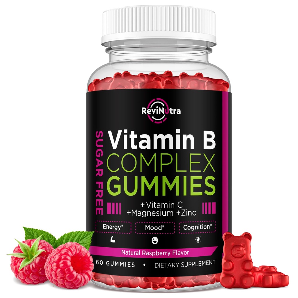 Vitamin B Complex Gummies for Women & Me, Vitamin B12, B1, B2, B3, B6, B7, B9 with Vitamin C, Zinc, Magnesium & CoQ10 for Energy, Brain, Nervous System & Mood, Natural Raspberry Flavor, 60 Gummies