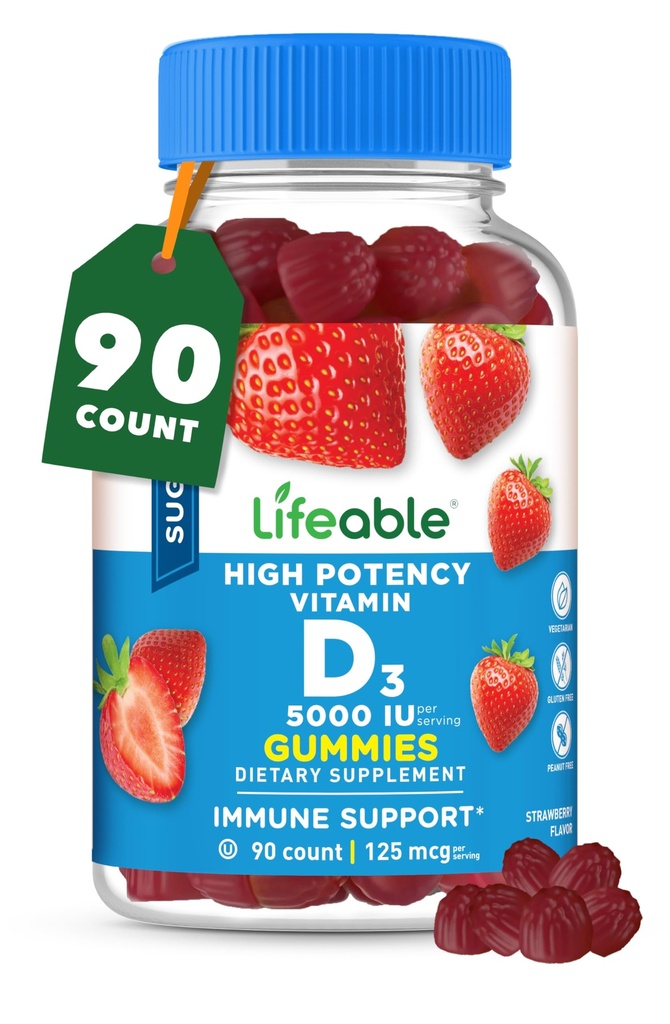Lebensfähiger Zucker Kostenloses Vitamin D 5000 IU - Great Tasting Natural Flavor Gummy Supplement - Gluten Free Vegetarian GMO-Free Chewable - für Immununterstützung und Knochengesundheit - für Erwachsene - 90 Gummis