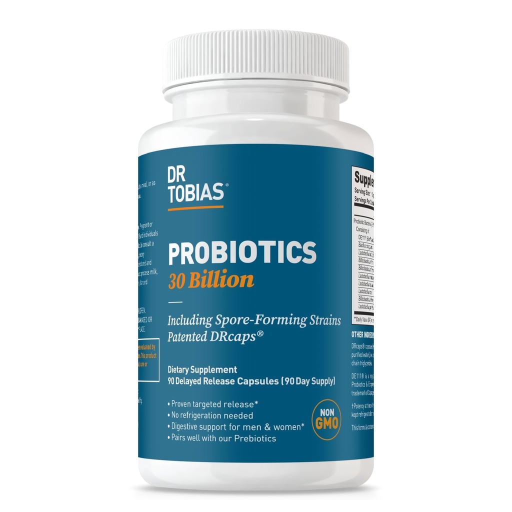 Dr Tobias Probiotiques 30 milliards, 10 souches, 30 milliards UFC, probiotiques ciblés pour les femmes et les hommes, soutient la santé digestive, plateau-stable, non-OGM, 90 capsules, 90 portions