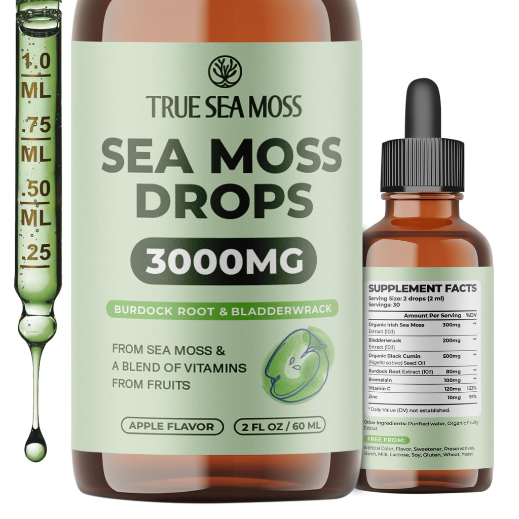 TrueSeaMoss 3000mg Irish Sea Moss Tropfen mit Burdock Root & Bladderwrack für Verdauungssystem & Muskel-Recovery-Unterstützung - 2 Fl Oz Apple NW1