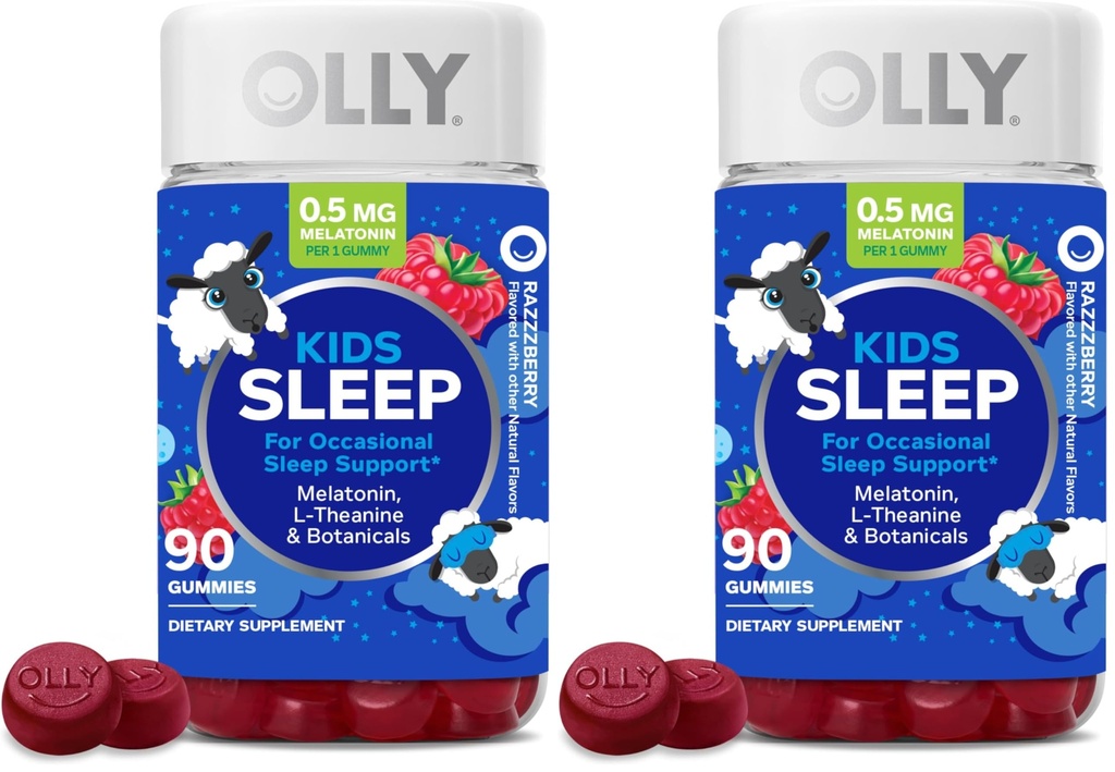 OLLY Kids Sleep Gummy,Occasional Sleep Support,0.5mg Melatonin,L Theanine,Chamomile,and Lemon Balm Extracts,Childrens Chewable Supplement,Raspberry Flavor -,90 Count (Pack of 2)