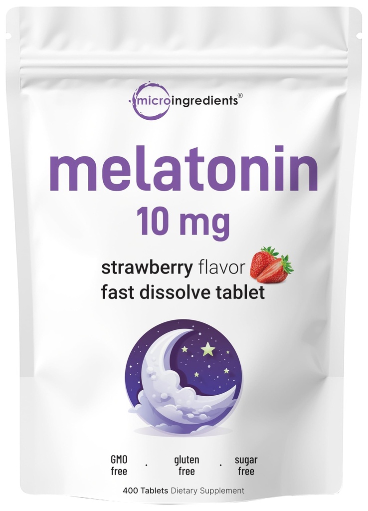 Micro Ingredients Melatonin 10mg, 400 Tabletten | Natural Strawberry Flavor | Fast Dissolve | No Drug | Vegetarian Friendly | Non-GMO, No Gluten, Sugar Free