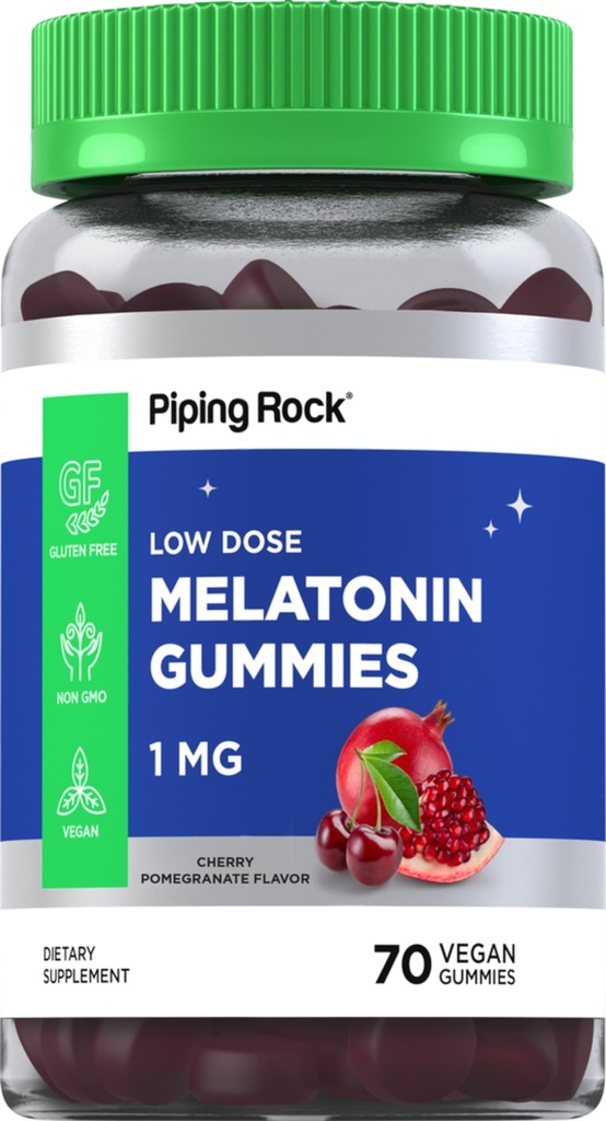 Piping Rock Melatonin Gummies 1 mg | 60 Count | Cherry Pomegranate Flavor | Low Dose | Adult Supplement | Vegan Formula | Non-GMO, Gluten Free