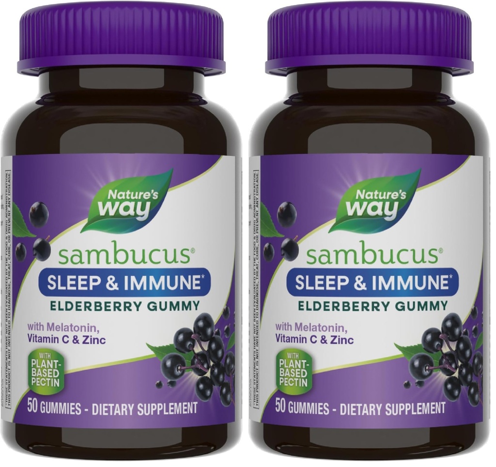 Nature's Way Sambucus Schlaf + Immun * Holundergummies, Schlafunterstützung für Erwachsene und Immununterstützung *, mit Melatonin, Vitamin C, L-Theanin, Zink, 50 Gummies (Verpackung kann variieren), (Paket von 2)