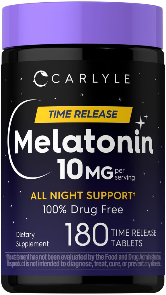 Carlyle Melatonin 10mg | 180 Time Release Tablets | All Night Support | mit Vitamin B6 | 100% Drug Free Supplement | Vegan, Non-GMO, Glutenfrei