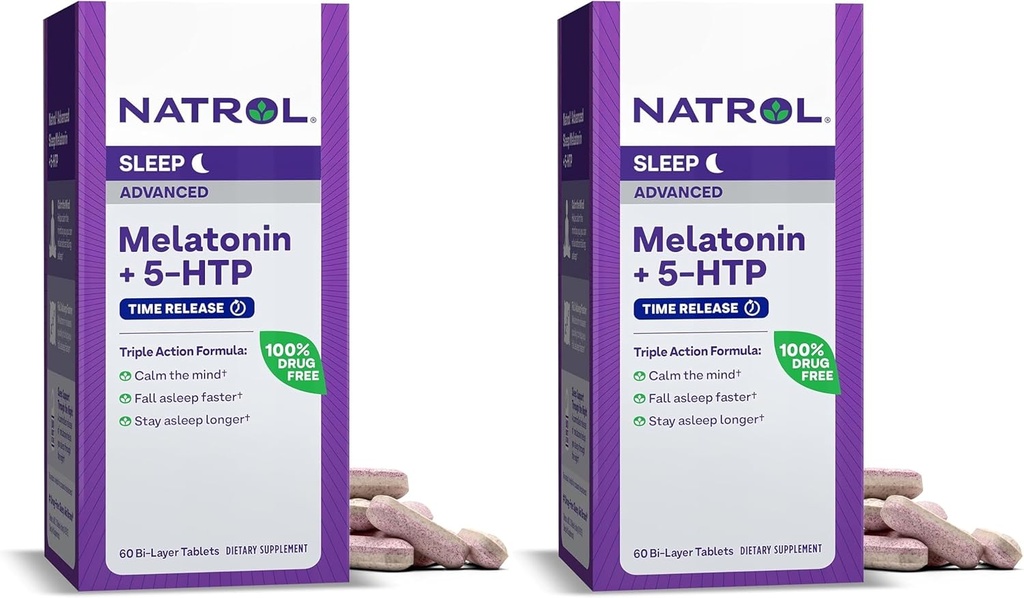 Natrol Advanced Sleep Melatonin + 5HTP, supplemento dietetico per il sonno riposante, 60 compresse di rilascio di tempo, 60 giorni di alimentazione- Confezione di 2