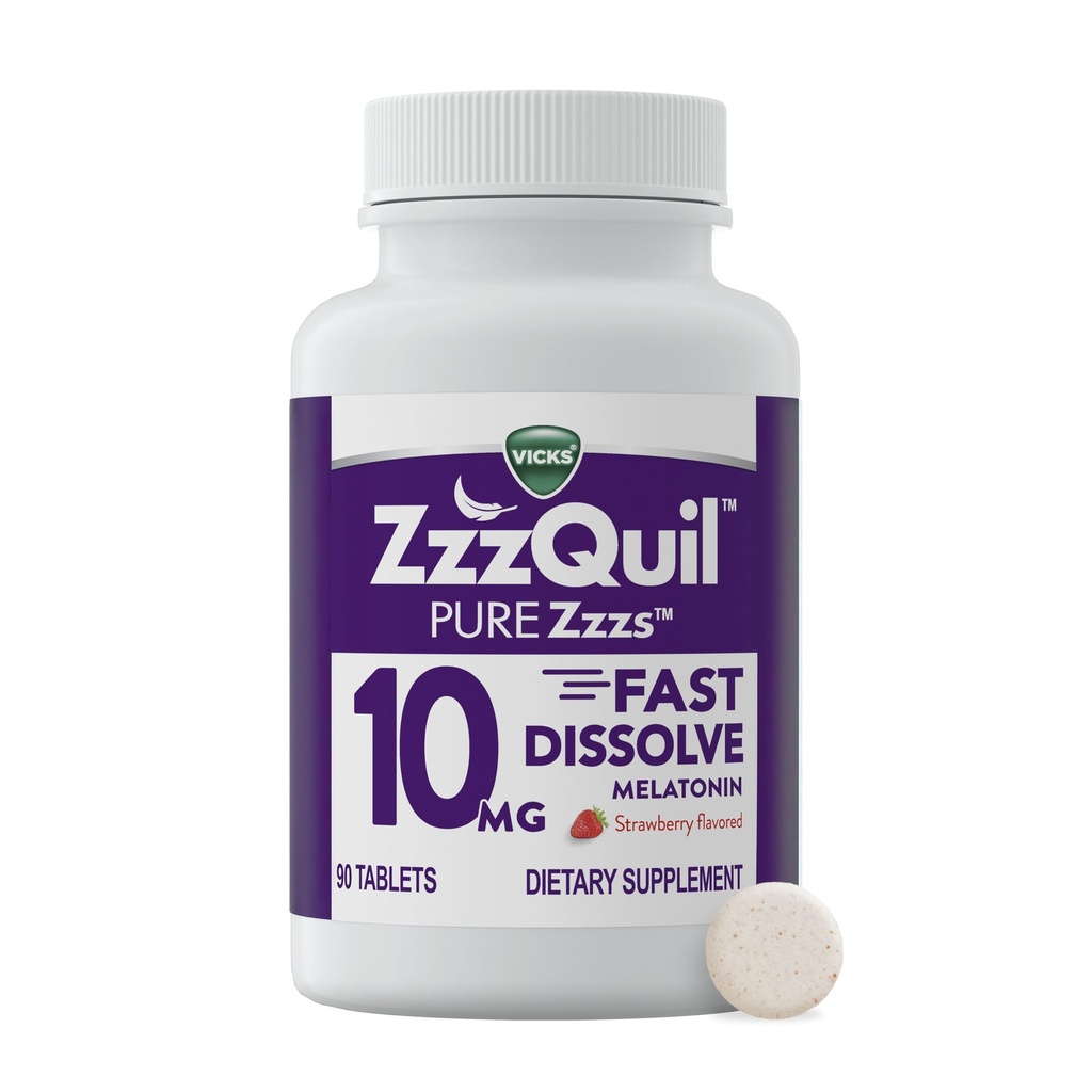 ZzzQuil Zzz Pure Dissolve rapide Melatonin, Melatonin 10mg, Supplément d'aide au sommeil, Aide au sommeil pour les adultes, Aromatisé aux fraises, 90 comprimés de Melatonine Dissolve rapide