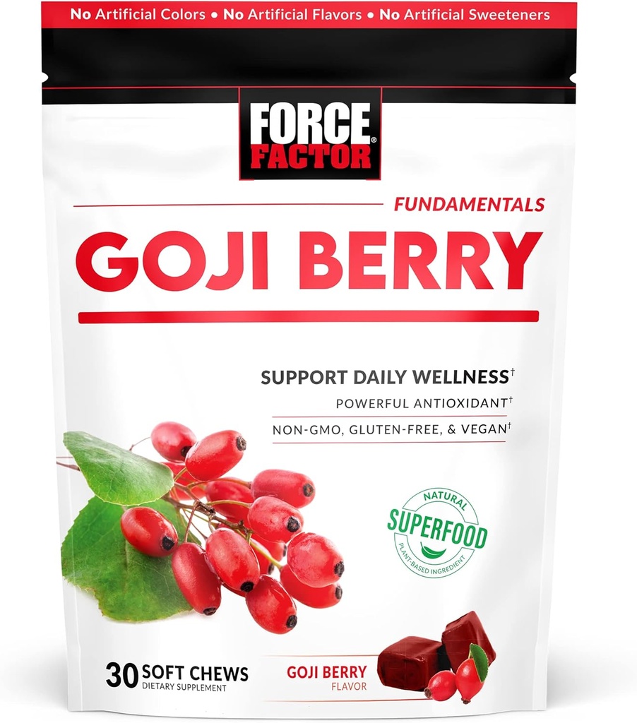 FACTEUR DE FORCE Goji Berry Soft Chews Superfood Antioxydants Supplément pour soutenir les yeux et la peau sains, la santé immunitaire et l'inflammation, non-OGM, sans gluten, et végétalien, Goji Berry Flavor, 30 Chews doux