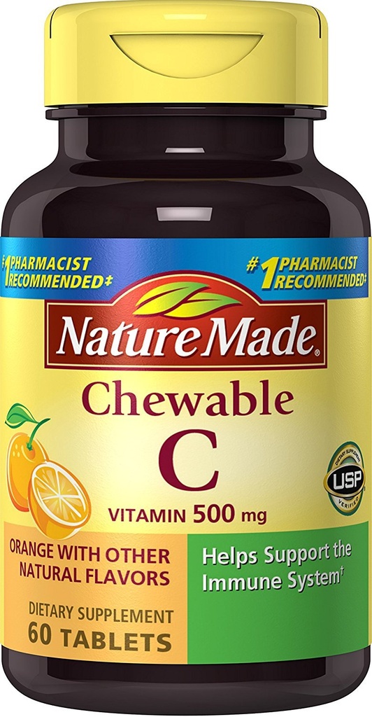 Nature Made Kaubares Vitamin C 500 mg Tabletten, 60 Zählen, um das Immunsystem zu unterstützen (Pack von 3)