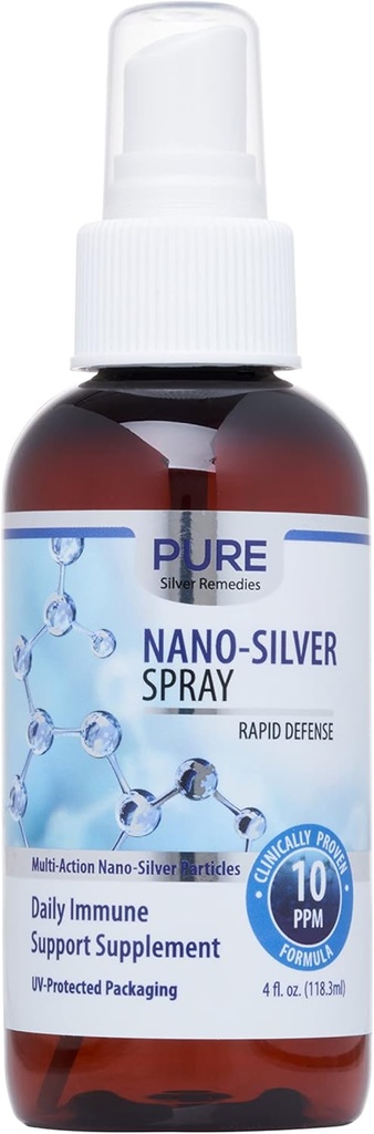 Pure Nano Silver Spray 4oz | 10 PPM Daily Immune Support Supplemento | Facilmente assorbito Colloidal Nano Silver Spray | Probiotic-Friendly Silver Solution