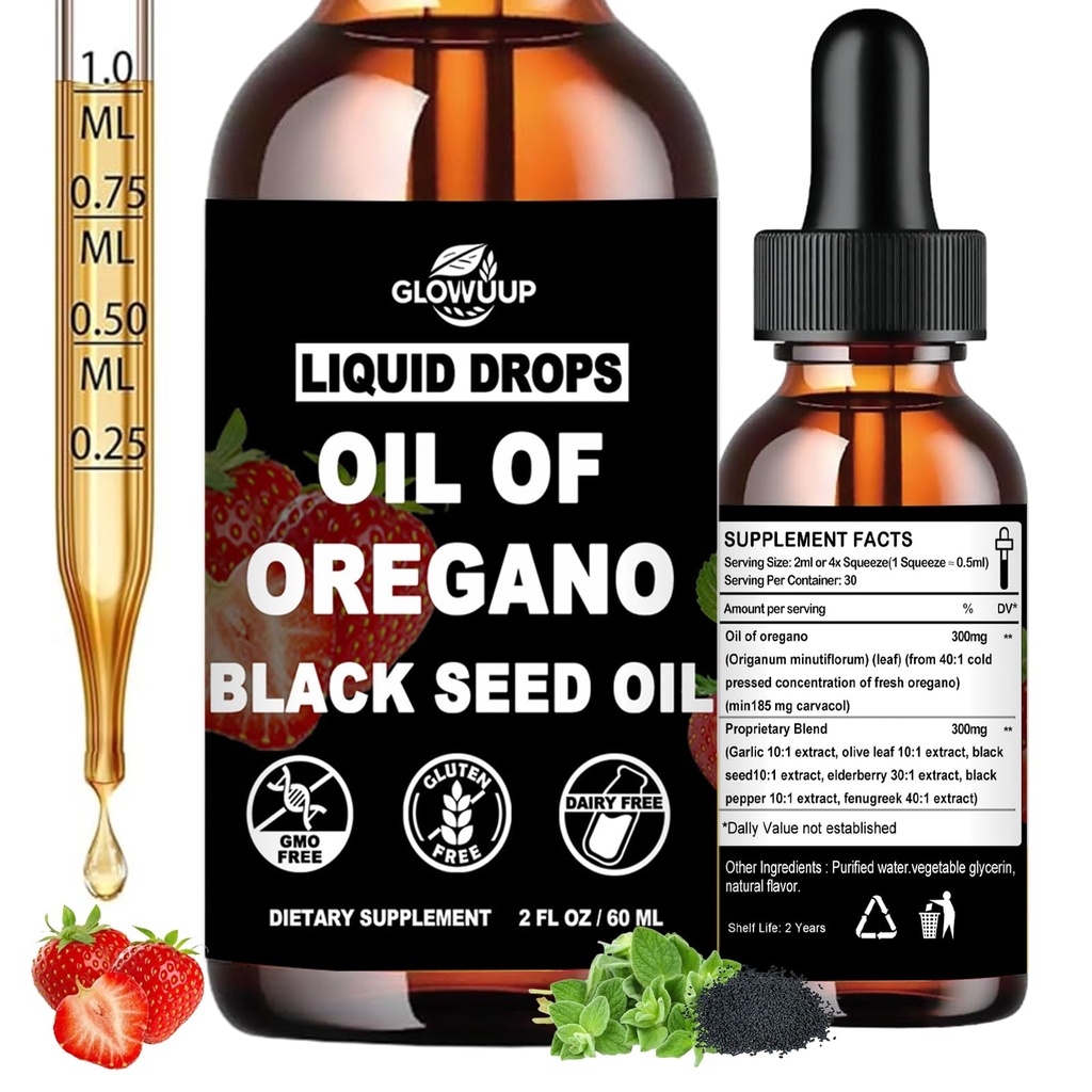 Oil of Oregano with Black Seed Oil Liquid Drops, High Carvacrol & Thymoquinone Aceite de Orégano, Oregano Oil Supplement for Immune & Gut Health, Fast Absorb Oregano Liquid Than Capsules丨2Fl Oz, Vegan