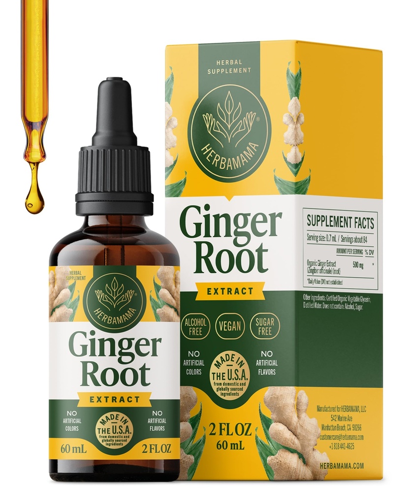 HERBAMAMA Ginger Drops - Vegan Digestive Support & Overall Well-Being with Ginger Root Extract Tincture - Non-GMO, Alcohol & Sugar-Free Liquid Antioxidant Supplement, 28-Day Supply