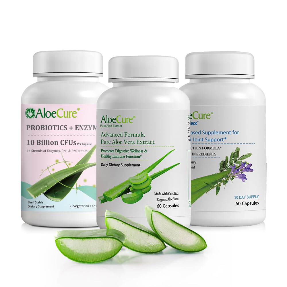 AloeCure Organic Aloe Vera Capsules Pack - 3 Pezzi - VeraFlex, Aloe Vera Capsule, Probiotici + Enzimi