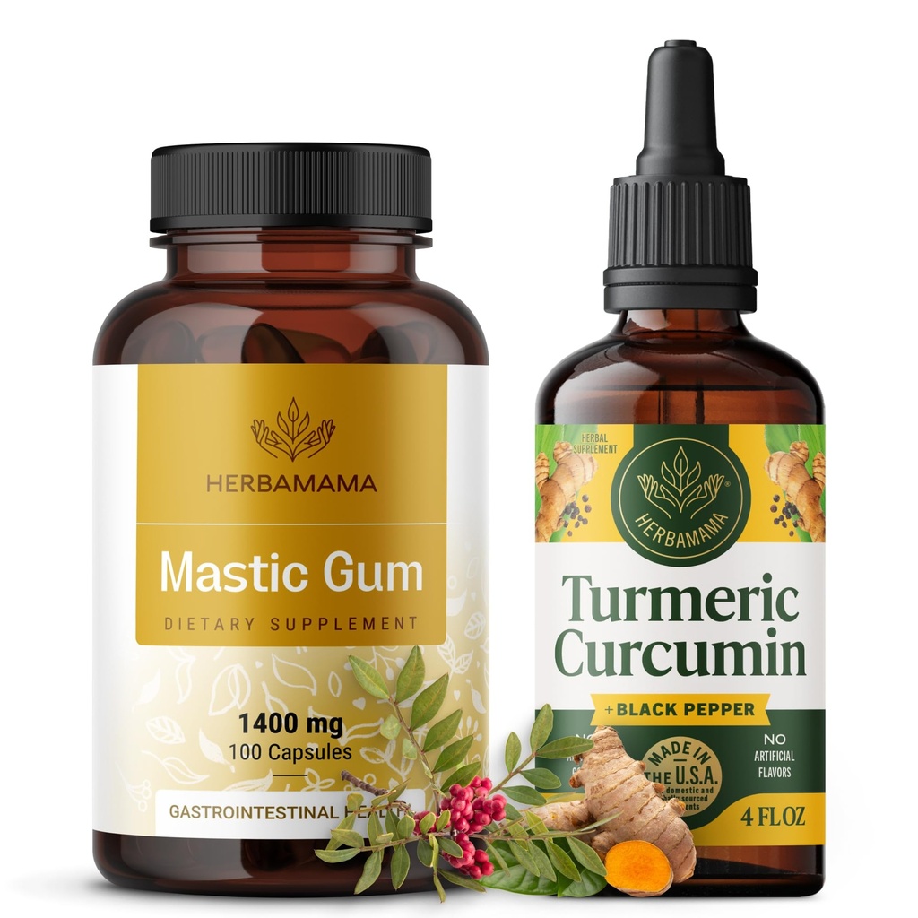 HERBAMAMA Mastic Gum and Turmeric Ginger Kit - Bundle of 1400 mg Mastic Gum Capsules & Turmeric Ginger Tincture 2 fl oz - Vegan, Non-GMO, Sugar & Alcohol-Free - 2 Pack