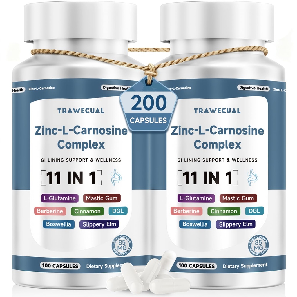 Zinc L Carnosine Complex 85mg, 11-in-1 Digestive & Gut Health Support, with Soothing Blend, L-Glutamine & Mastic Gum, 200 Capsules, Non-GMO, Vegan