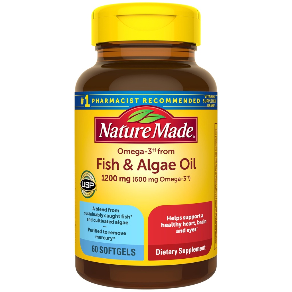 Natura fatta Omega 3 Fish Oil e Algae olio integratori, 1200mg, Algae olio & Fish Oil Blend, Omega 3 supplemento per il cuore, cervello e occhi sostegno, uno per giorno, 60 Softgels