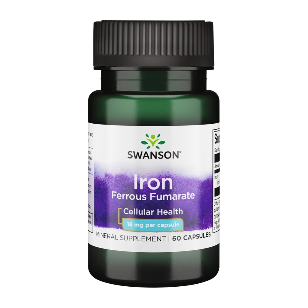 Swanson Iron (Ferrous Fumarate) - Mineral Supplement Promoting Energy Support - High-Concentration Formula Assists in Oxygen Delivery & Fatty Acid Metabolism - (60 Capsules, 18mg Each) (1 Pack)
