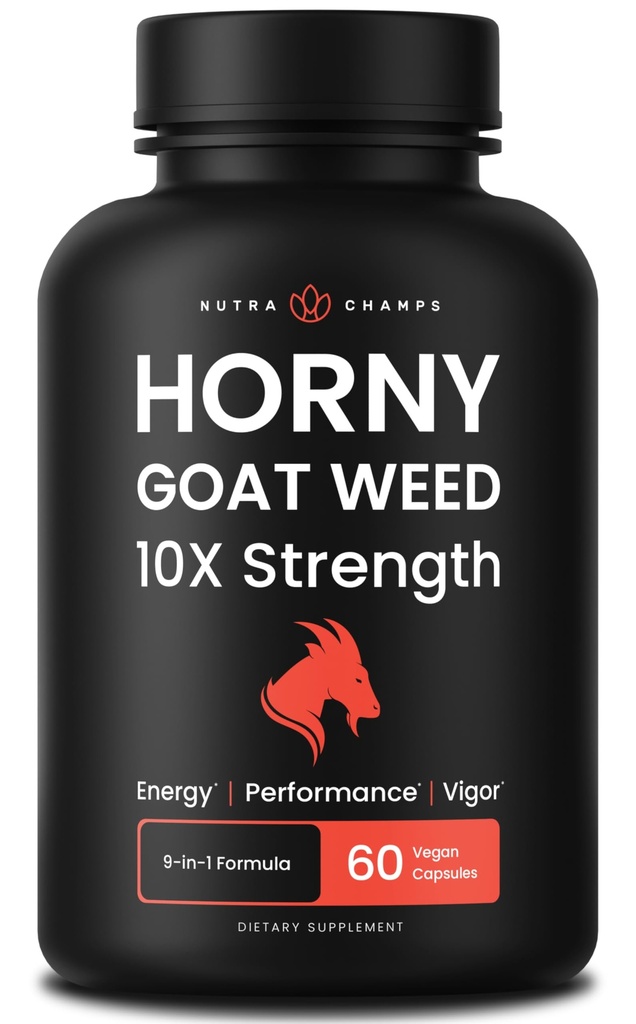 NutraChamps Horny Goat Weed, 1000mg Epimedium Energy Supplement, 10X Stärke Icariin, Ginseng, Tribulus & Maca Pillen für Damen und Herren, Verbesserte Absorption mit schwarzem Pfeffer, 60 Vegan Kapseln