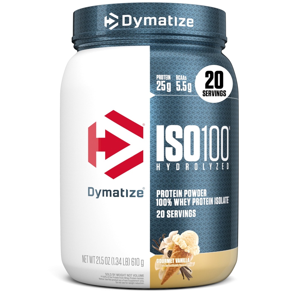Dymatize ISO100 Whey Protein Pulver Isolieren, Gourmet Vanille, 25g Protein, 5.5g BCAAs, Weniger als 120 Cal., Glutenfrei, 1g Fett, 1g Zucker, 2g Carb (20 Servierungen)