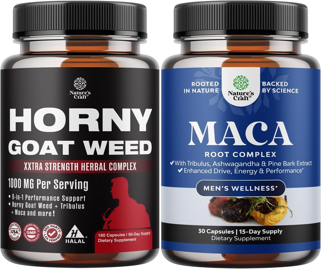 Bundle d'herbe de chèvre en chaleur avec racine de Maca noire, Tongkat Ali, Saw Palmetto & Panax Extrait de Ginseng pour l'endurance et l'énergie et racine de Maca noire avec Ginseng Sibérie Ashwagandha - Supplément de bien-être pour hommes