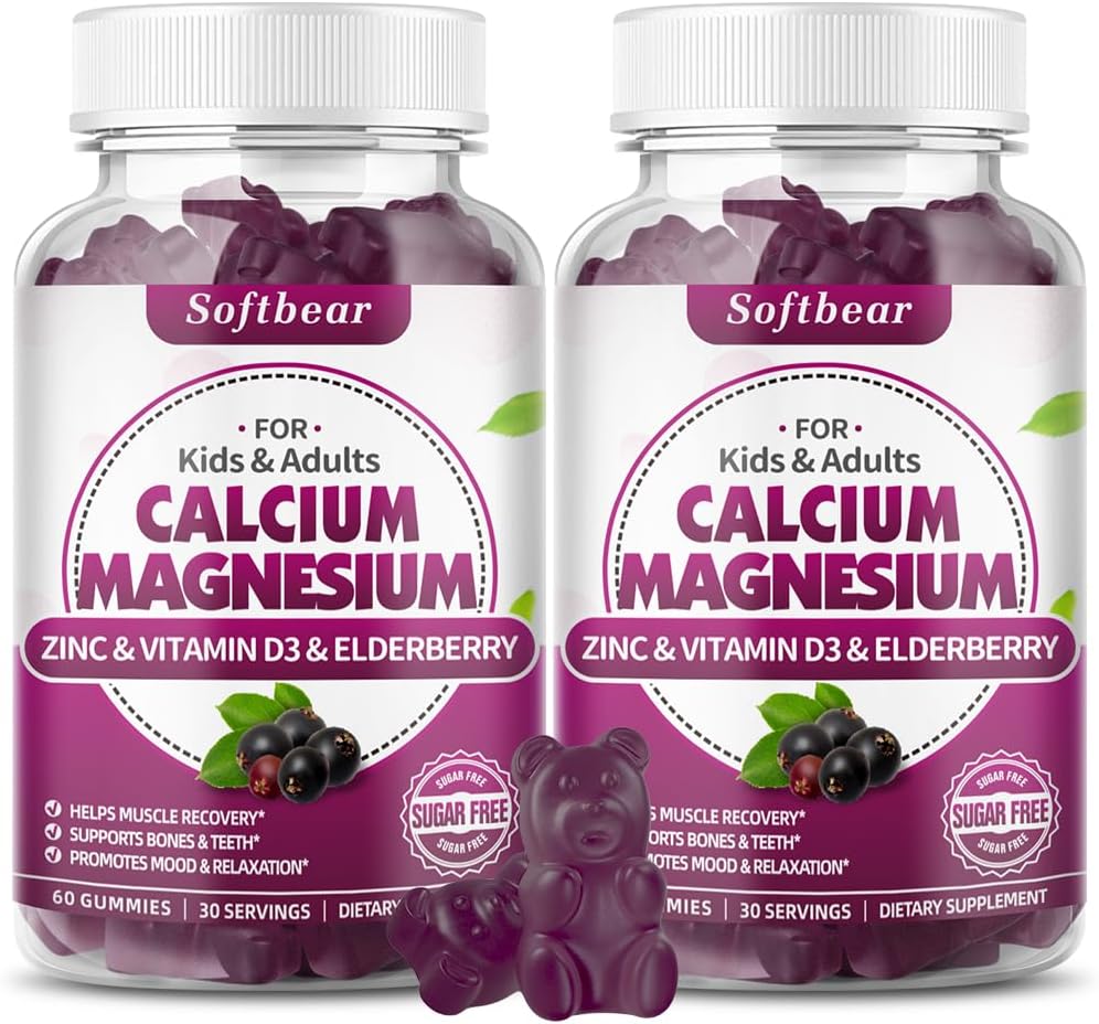 softbear calcio magnesio zinco Gummies per adulti e bambini, Suagr-Free calcio magnesio zinco vitamina D3 supplemento per la forza e la salute immunitaria, aroma di sambuco 120 conte