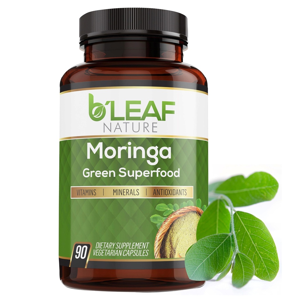 B'LEAF NATURE Capsules de moringa biologique 1000mg, 90 Compte – Moringa Capsules avec la poudre d'Olefeira biologique pour le soutien immunitaire, l'énergie et l'équilibre – Vegan, Suppléments non OGM pour le bien-être quotidien