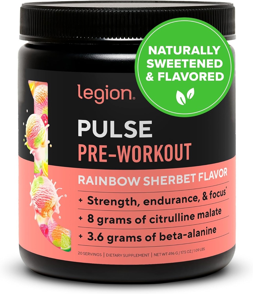 LEGION Pulse Pre Workout - Tutto naturale Nitric Oxide Preworkout Drink per aumentare l'energia, Creatina libero, naturalmente addolcito, Beta Alanine, Citrulline, Alpha GPC (Rainbow Sherbet)