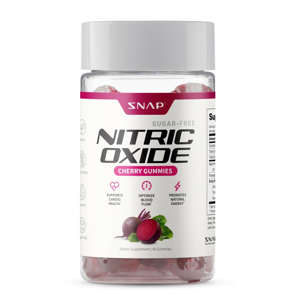 Snap Supplements Nitric Oxide Gummies - Beet Root Extract 300mg, Sugar Free Beetroot Supplement with Pomegranate Powder for Circulation & Natural Energy, 60 Vegan Gummies, Cherry Flavor