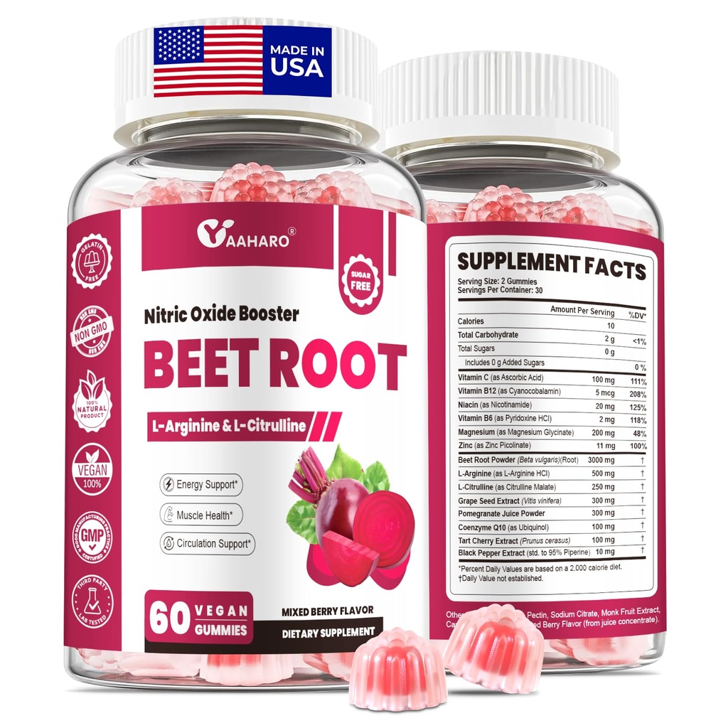 Beet Root Gummies - Nitric Oxid Booster Ergänzungen für Männer & Frauen mit Beetroot, L-Citrulline & L-Arginin - Herz, Muskel & Zirkulation Unterstützung - Sugar Free, Vegan, Mixed Berry Flavor, 60 Gummies