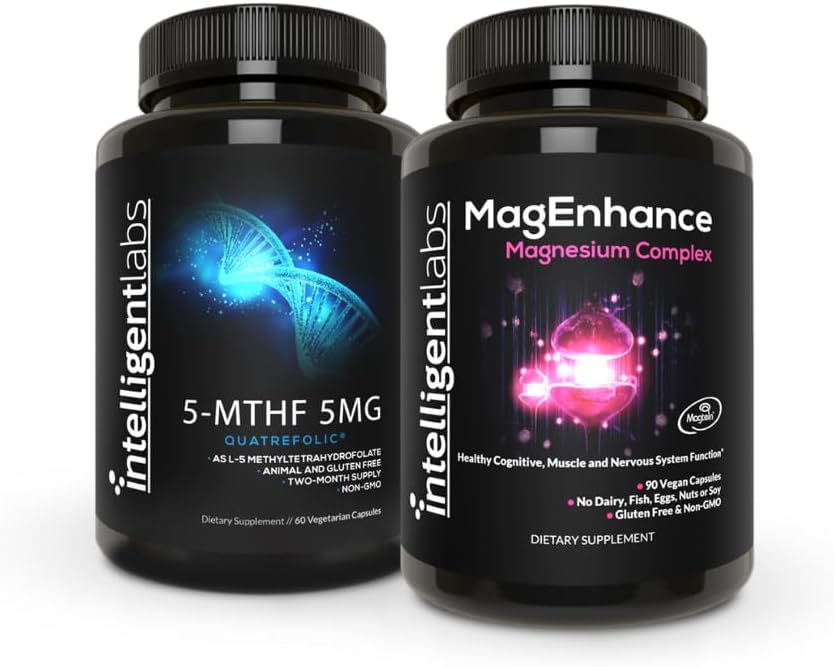 Intelligent Labs 2-in-1 Bundle of MagEnhance Supplement (mit Magnesium L-Threonat, Glycinate & Taurate) und 5MG 5-MTHF Methylfolat als Quatrefolic Acid® (MTHFR-Ergänzung für Methylierungsunterstützung)