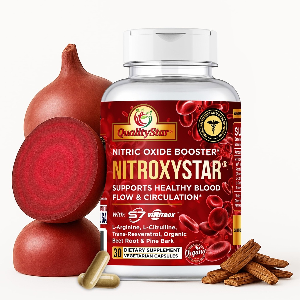 Nitroxystar Nitric Oxide Booster for Men & Women - Featuring S7® & ViNitrox™ - Blend with L-Arginine, L-Citrulline, Ginseng - Muscle Pump, Circulation, Endurance & Recovery Support - 30 Vegan Capsules