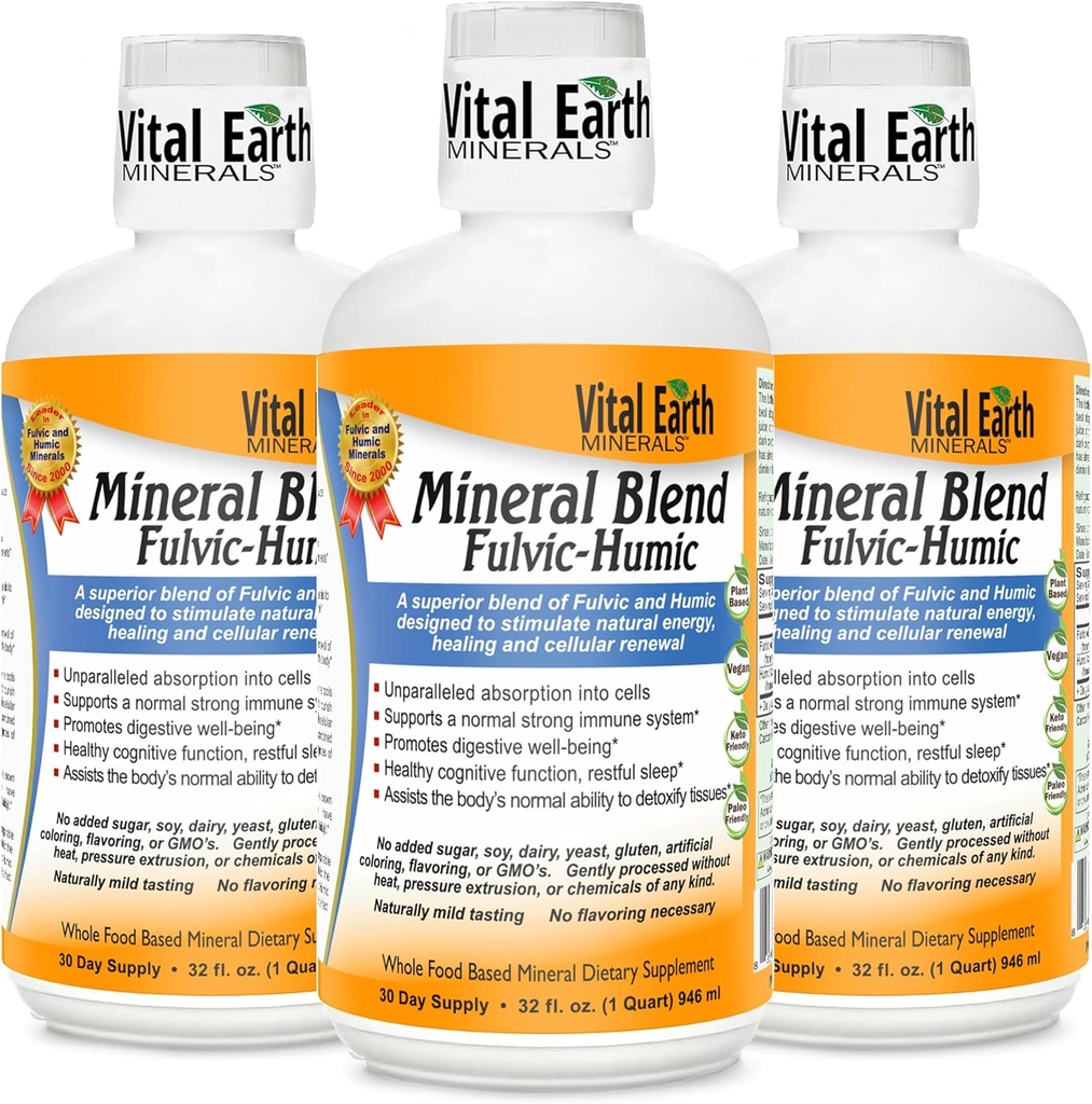 Vital Earth Minerals Fulvic Humic Mineral Blend Liquid 3-Pack – Supplemento acido Fulvic con 70+ minerali Trace, Elettroliti per il recupero, Balance & Energy, 32 Oz Ea + 1 Oz Cup Ea