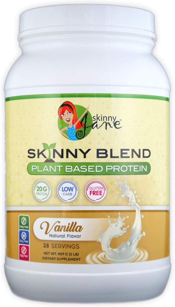 Skinny Jane Skinny Blend | Best Tasting Plant Based Protein Shake | Vegan Powder | Low Carbs Keto Friendly | Non OGM | No Soy, Gluten, Dairy and Egg Free | BCAAs (2 Pound, Vanilla)