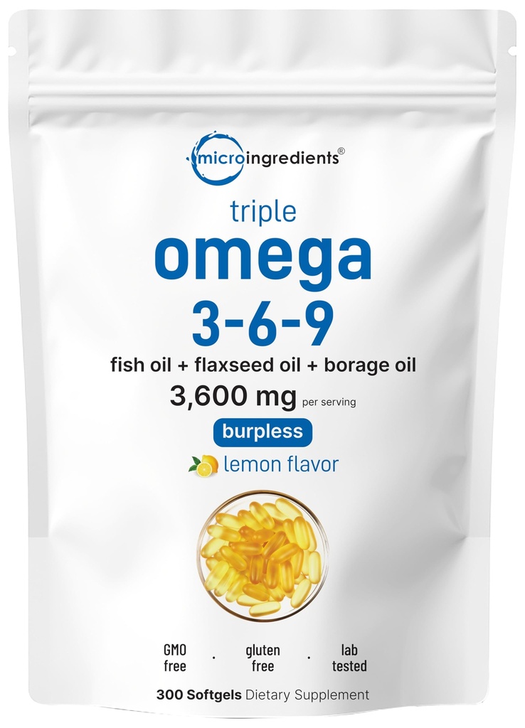 Ultra Omega 3-6-9 3600mg par portion, 300 softgels sans Burpless.