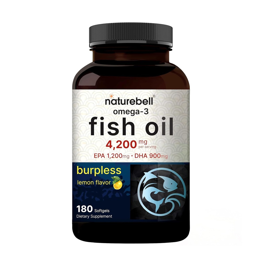 NatureBell Omega-3 Fish Oil - 180 Softgels - Supporto per Joint, Brain & Heart Health* - con EPA & DHA - No Burps o Fishy Aftertaste - Formula senza OGM e senza mercurio